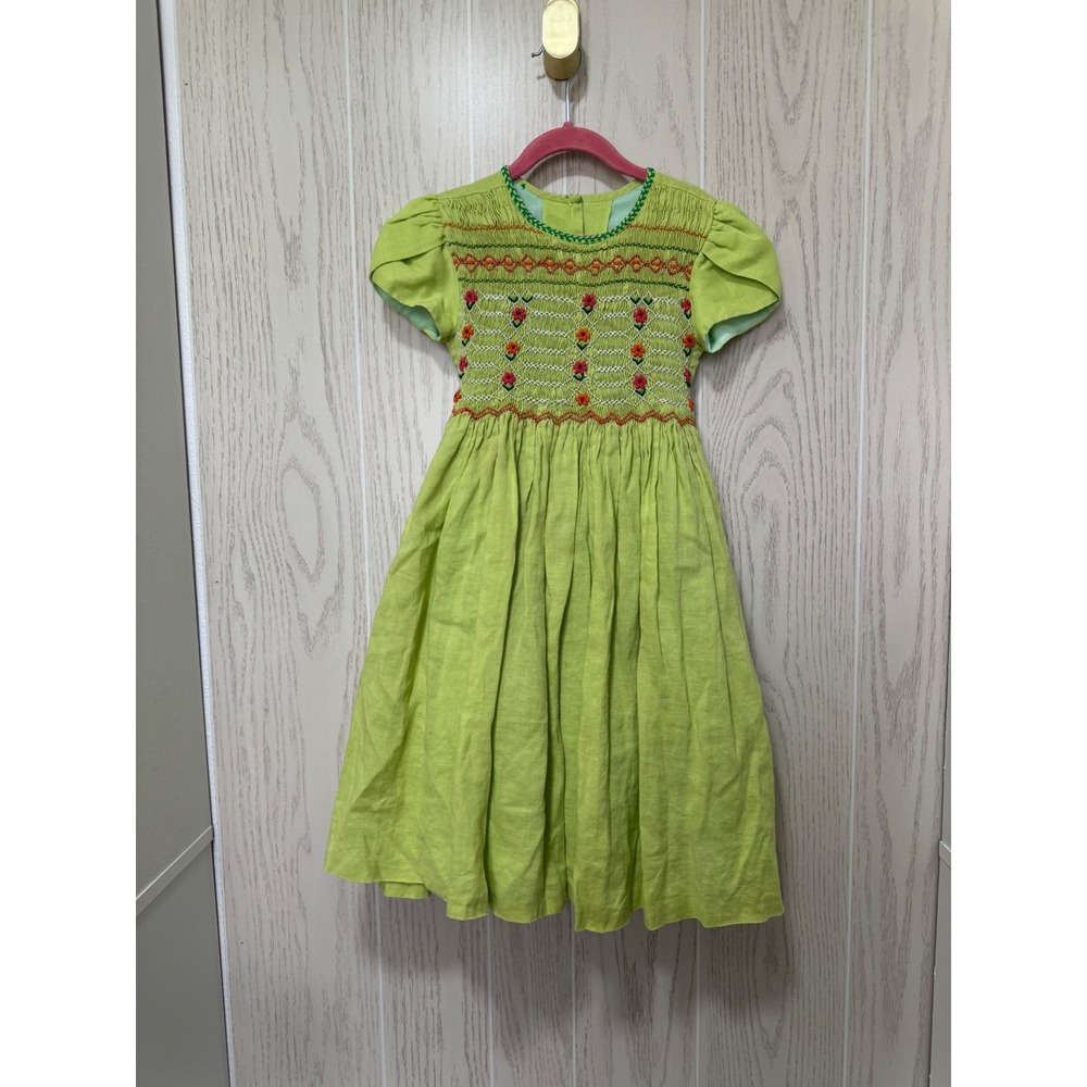 Vintage Style Smocked Linen Dress Lime Green Floral Embroidery Puff Sleeve 6